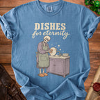Skeleton washing dishes with text "Dishes for eternity" on a blue shirt.