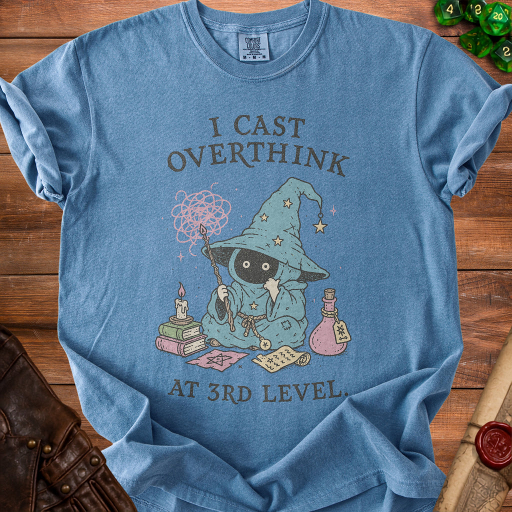 Blue t-shirt with graphic of a wizard character, text "I CAST OVERTHINK AT 3RD LEVEL."