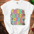 White t-shirt with colorful "Side Quests Only Today" graphic and gaming icons.