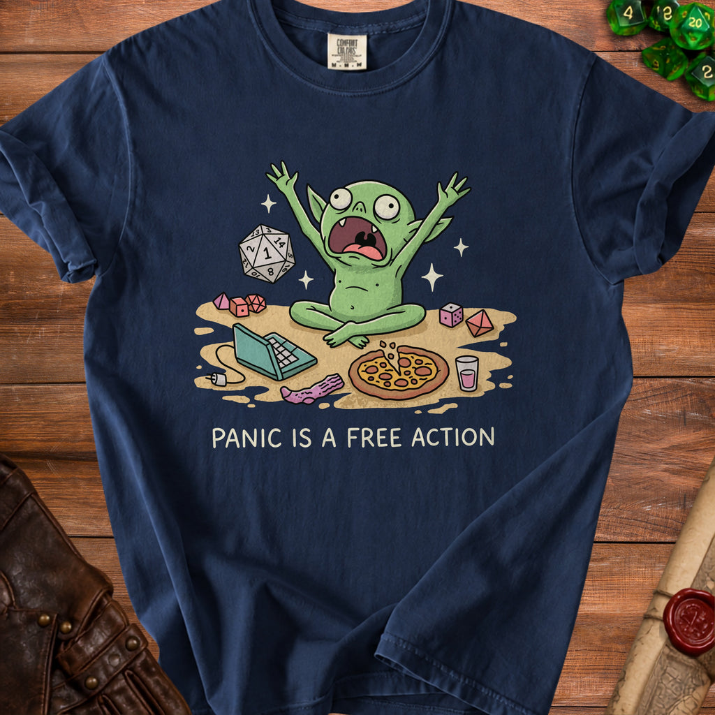 Navy t-shirt with a cartoon goblin, dice, laptop, pizza, and text "PANIC IS A FREE ACTION".