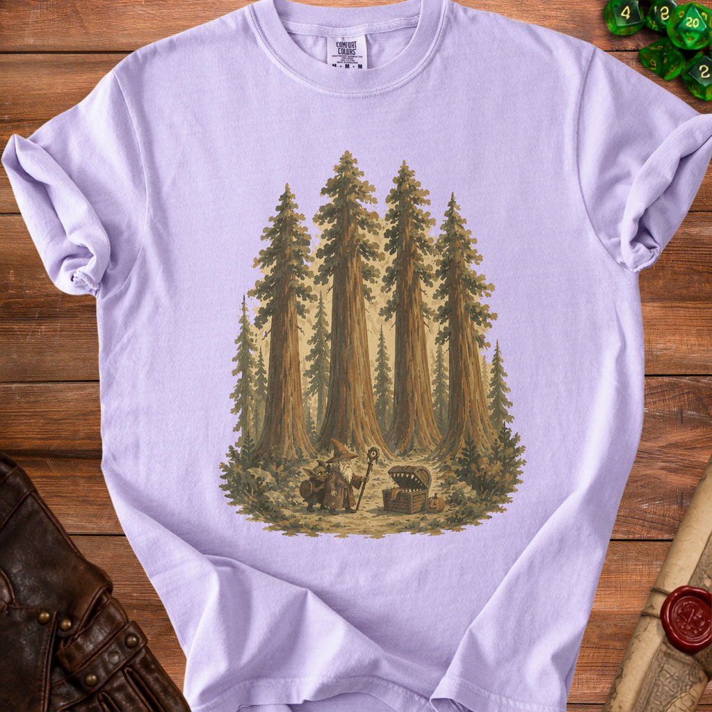 T-shirt graphic: wizard and goblin near treasure chest in redwood forest.
