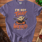 Purple t-shirt with cartoon vampire graphic and text "I'm Not That Weird."