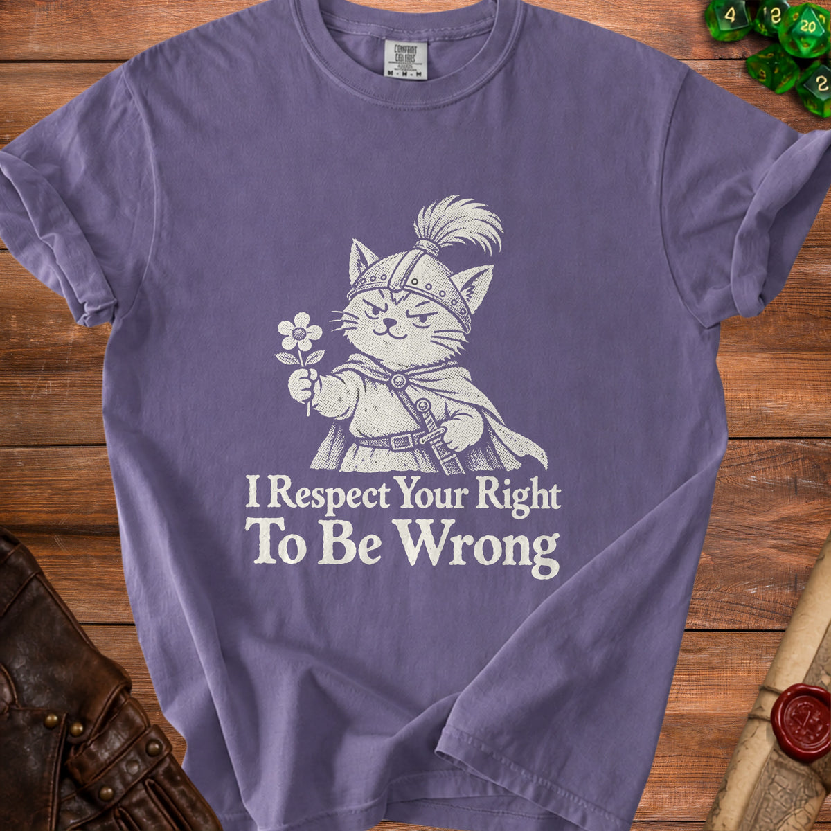 Purple t-shirt with a cat in a helmet holding a flower and text.