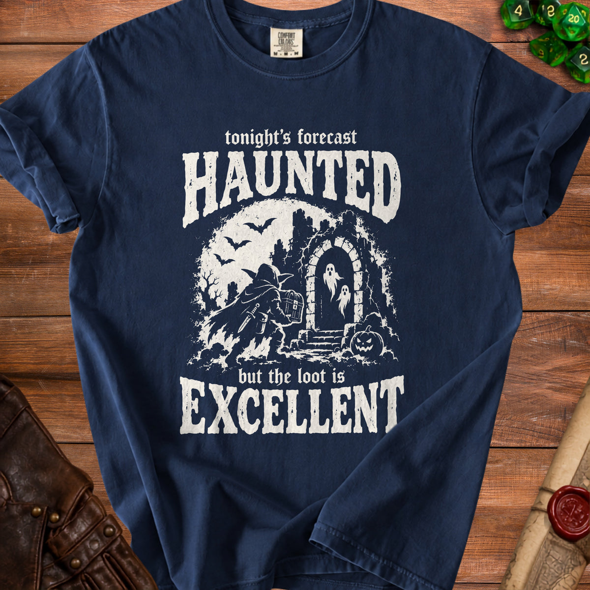 Navy t-shirt with "tonight's forecast HAUNTED but the loot is EXCELLENT" and Halloween graphic.