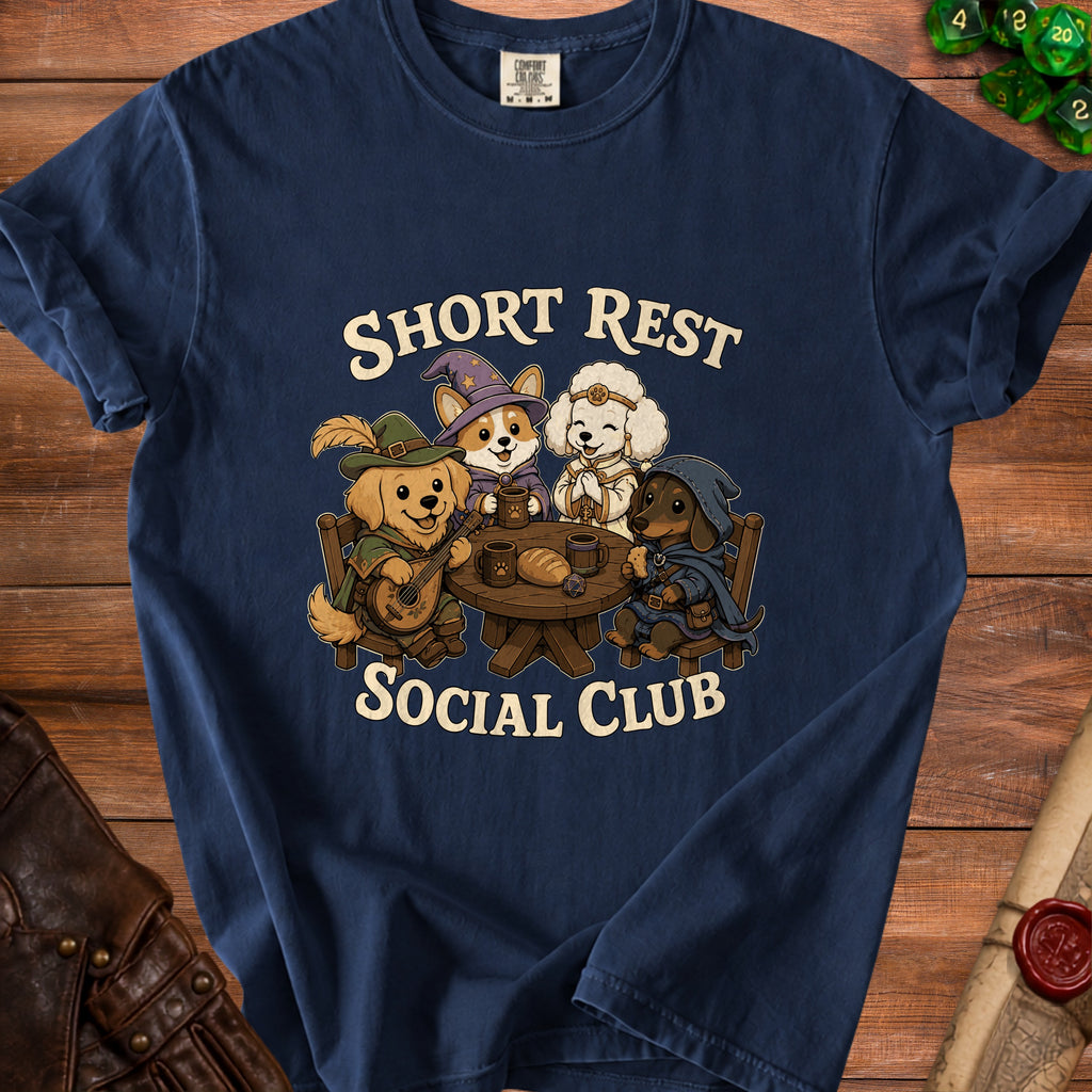 T-shirt graphic with dogs in fantasy attire reading "SHORT REST SOCIAL CLUB".