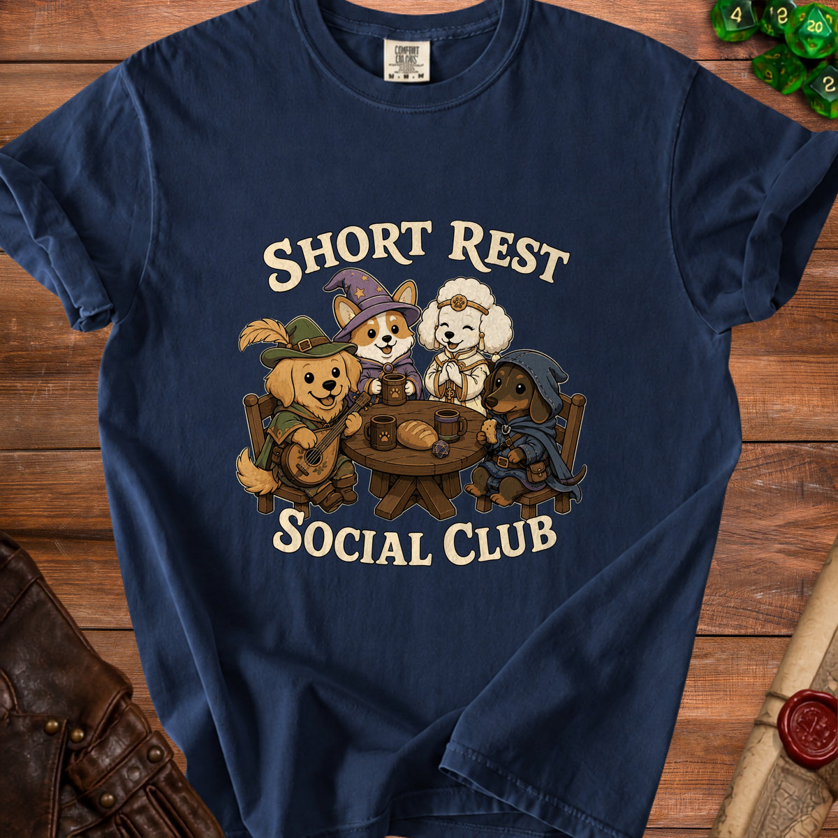 T-shirt graphic with dogs in fantasy attire reading "SHORT REST SOCIAL CLUB".