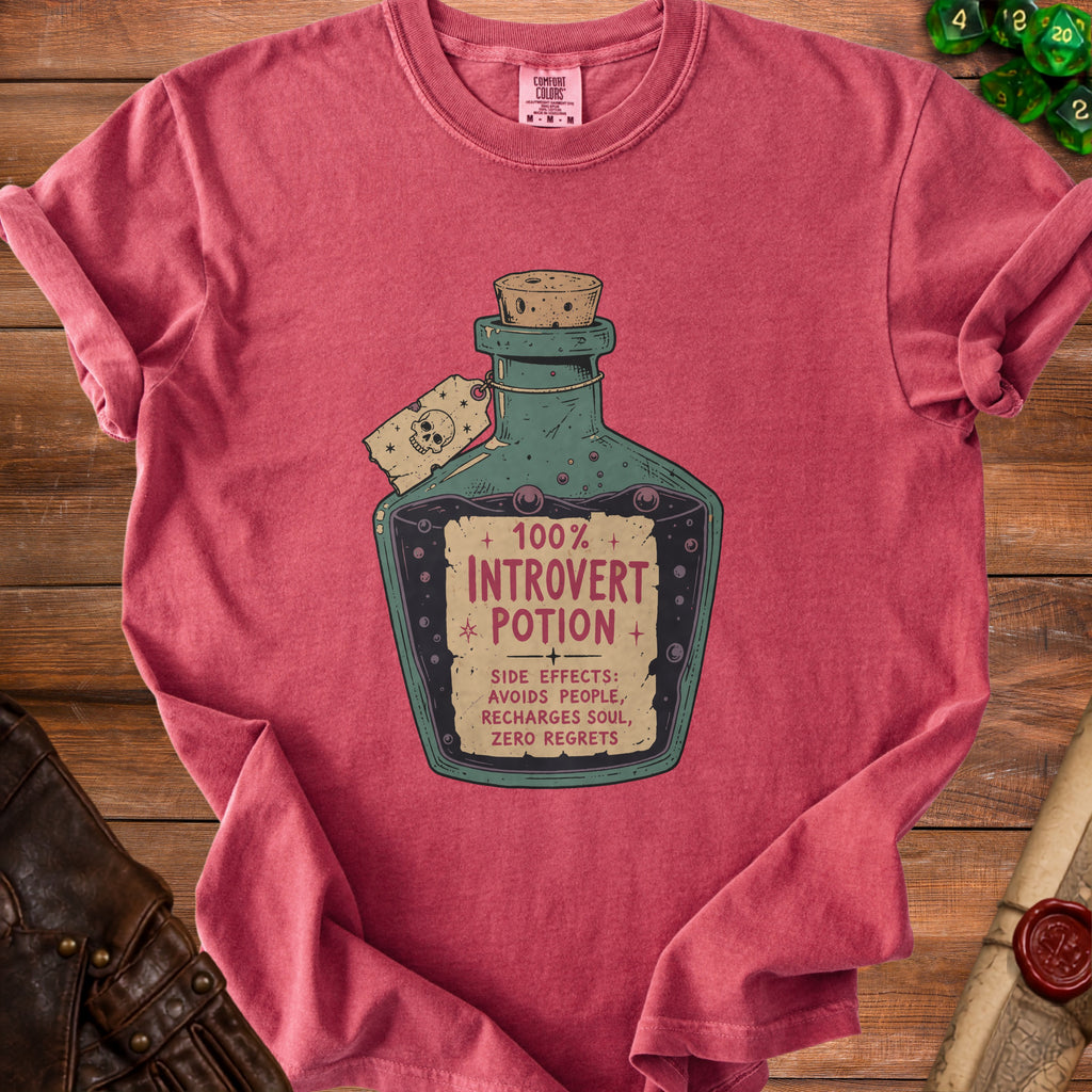 T-shirt with "100% Introvert Potion" graphic and listed side effects.