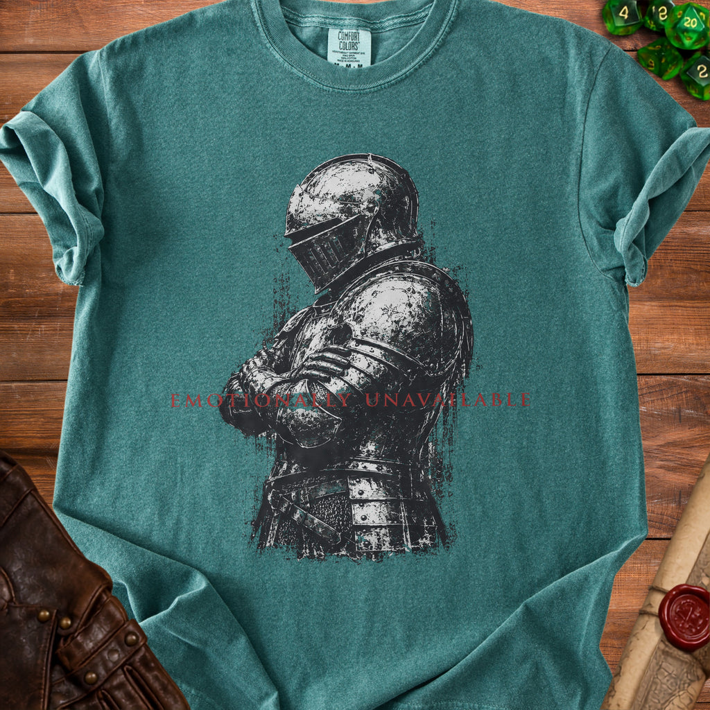 Teal t-shirt with knight graphic and "EMOTIONALLY UNAVAILABLE" text.