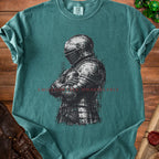 Teal t-shirt with knight graphic and "EMOTIONALLY UNAVAILABLE" text.
