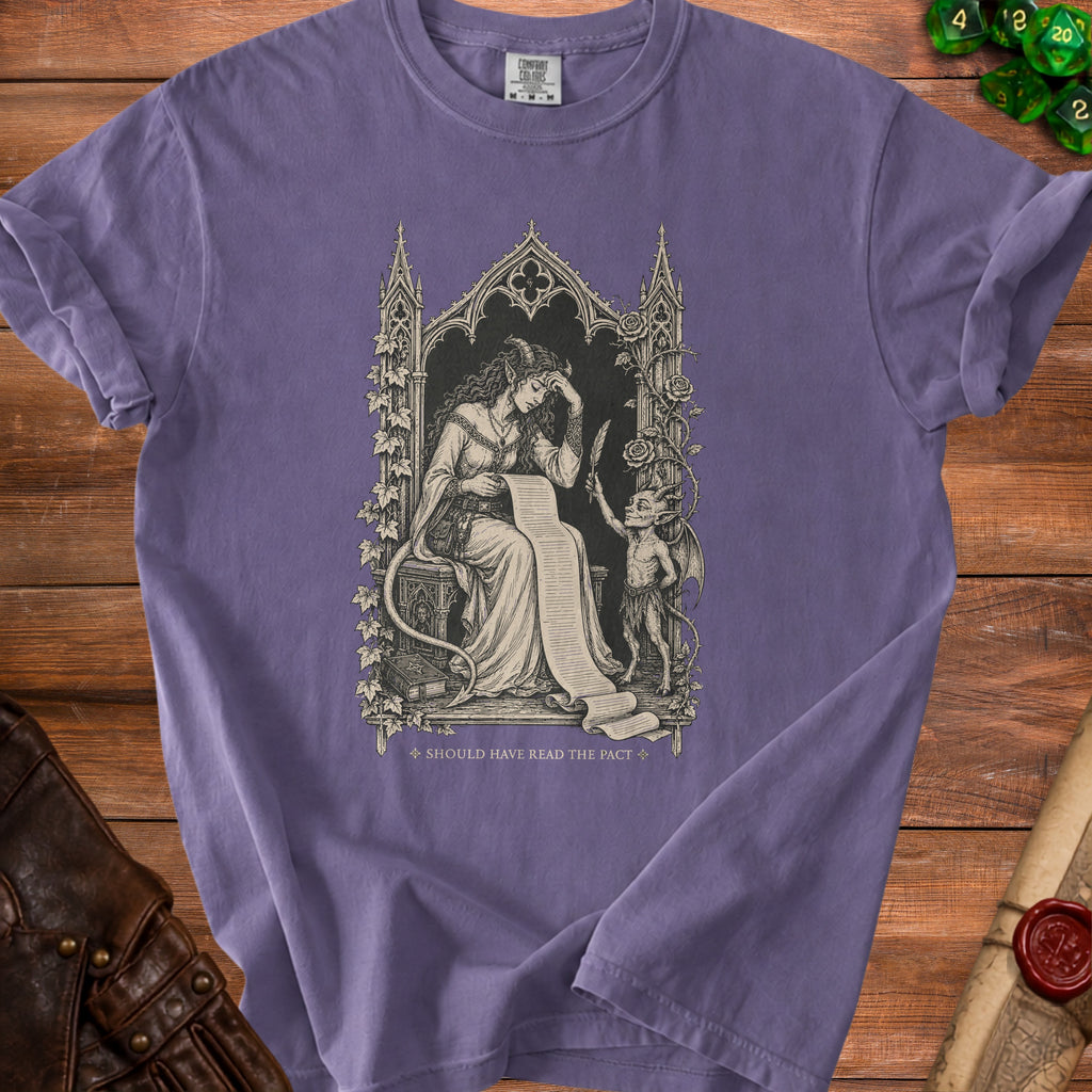 T-shirt with Gothic art of a woman and demon reading a scroll that says "SHOULD HAVE READ THE PACT."