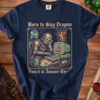 Knight in armor at computer, text "Born to Slay Dragons Forced to Answer Email".