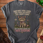 Gray t-shirt with grumpy cat graphic and text "I HATE EVERYONE".