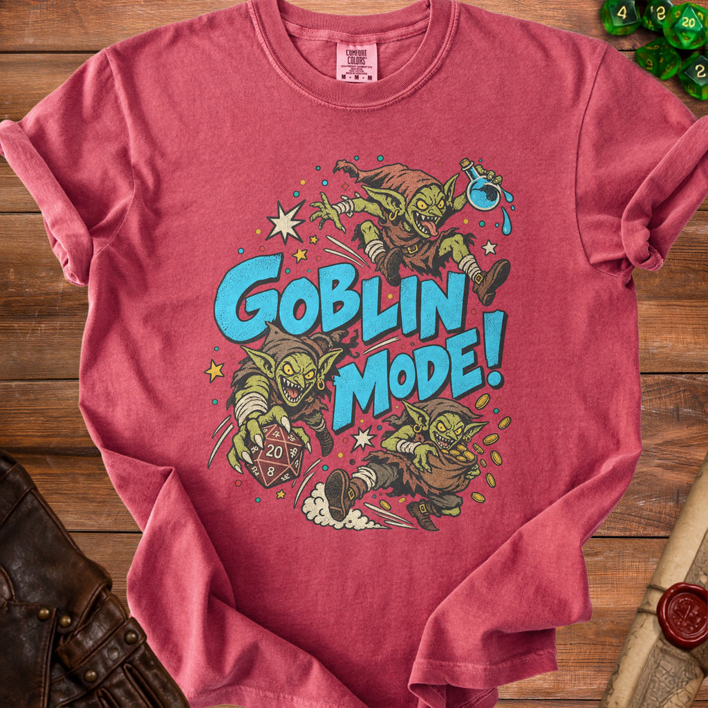 Red t-shirt with "GOBLIN MODE!" text and cartoon goblins holding dice and coins.