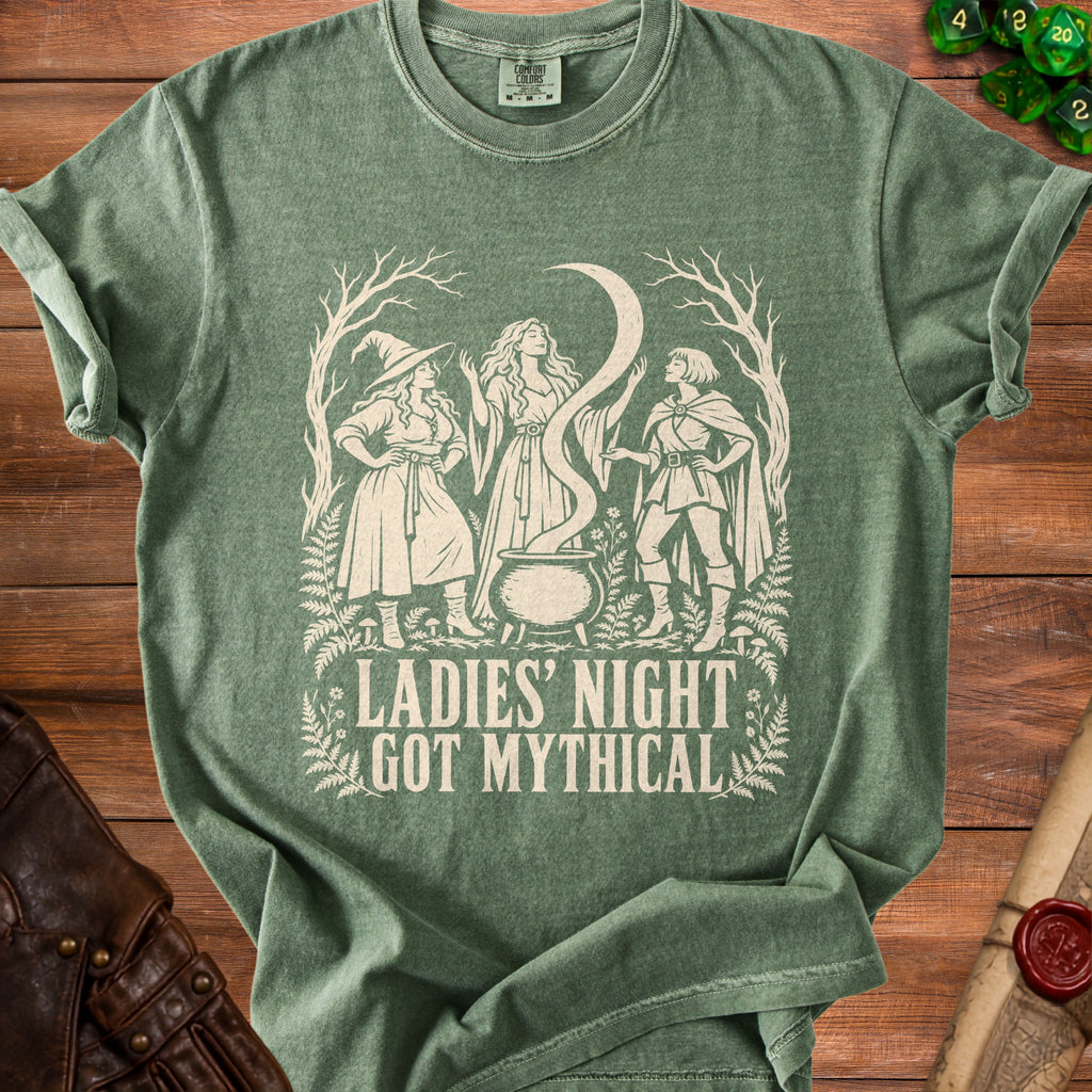 Green t-shirt with "Ladies' Night Got Mythical" text and mythical figures.