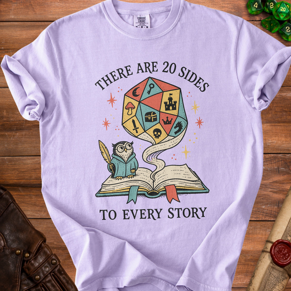 Purple t-shirt with owl writing in book, "There are 20 sides to every story".