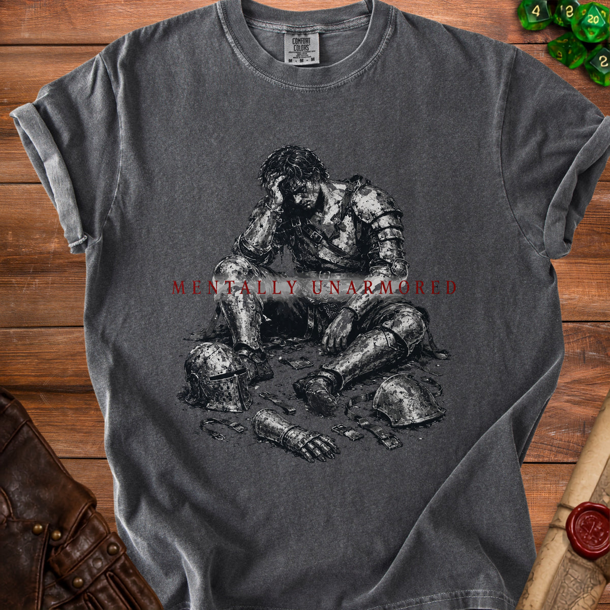 Dark grey t-shirt with a distressed knight illustration and "MENTALLY UNARMORED" text.
