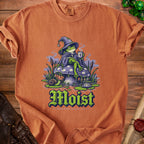 T-shirt with a wizard frog on a mushroom, text reads "Moist".