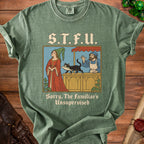 Green t-shirt with "S.T.F.U. Sorry, The Familiar's Unsupervised" text and medieval illustration.