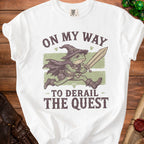 Frog in wizard hat with sword and cape, text reads "On My Way To Derail The Quest".
