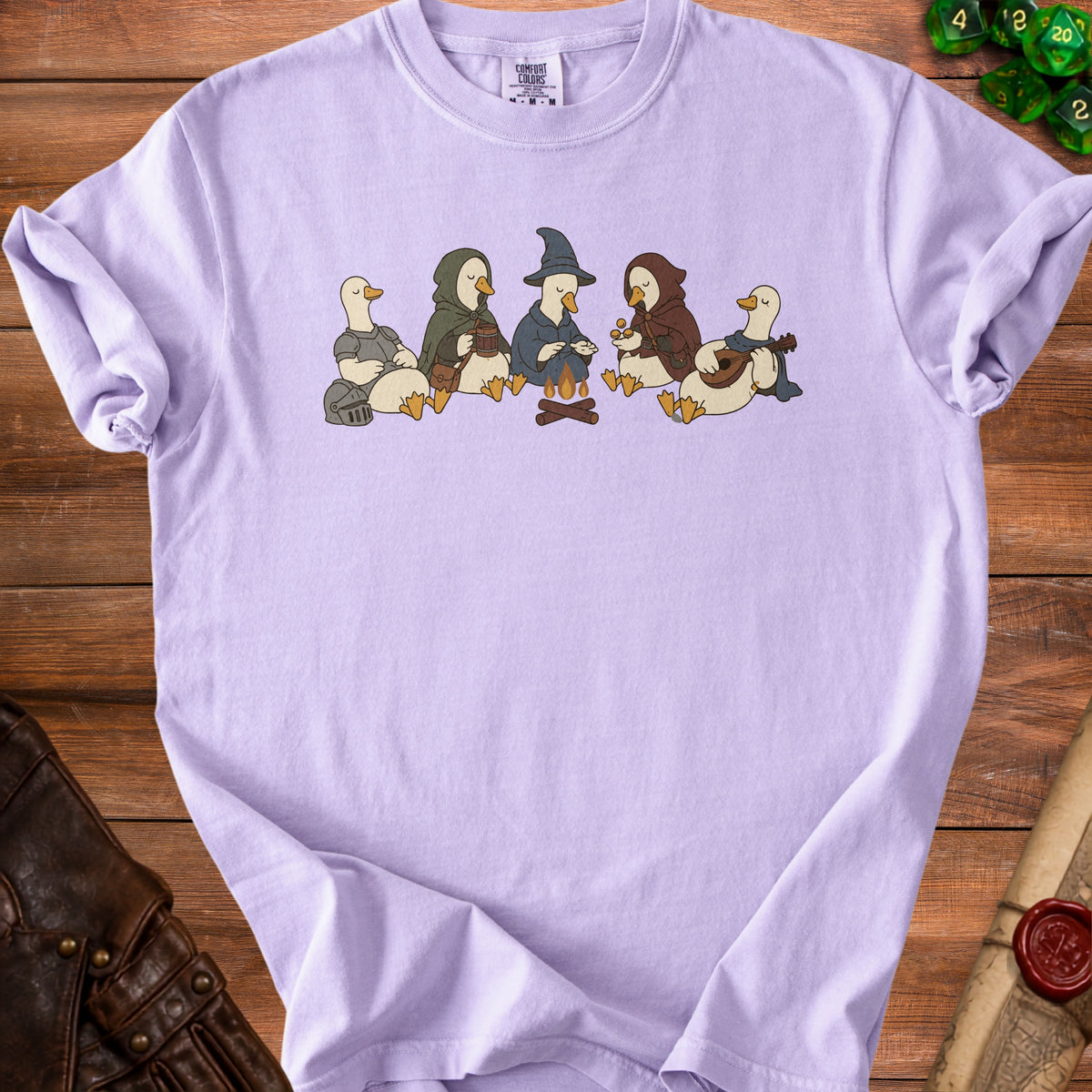 Five cartoon ducks in medieval costumes gather around a campfire playing music and telling stories.