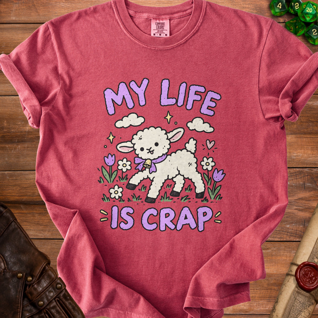 Red t-shirt with a cartoon lamb and the text "MY LIFE IS CRAP".