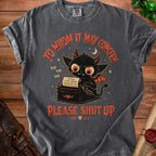 Gray t-shirt with a devil character at a typewriter saying "Please Shut Up."