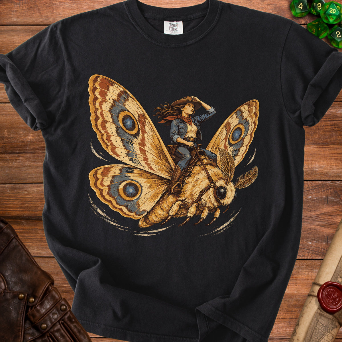 Cowgirl riding a large moth with intricate wing patterns.