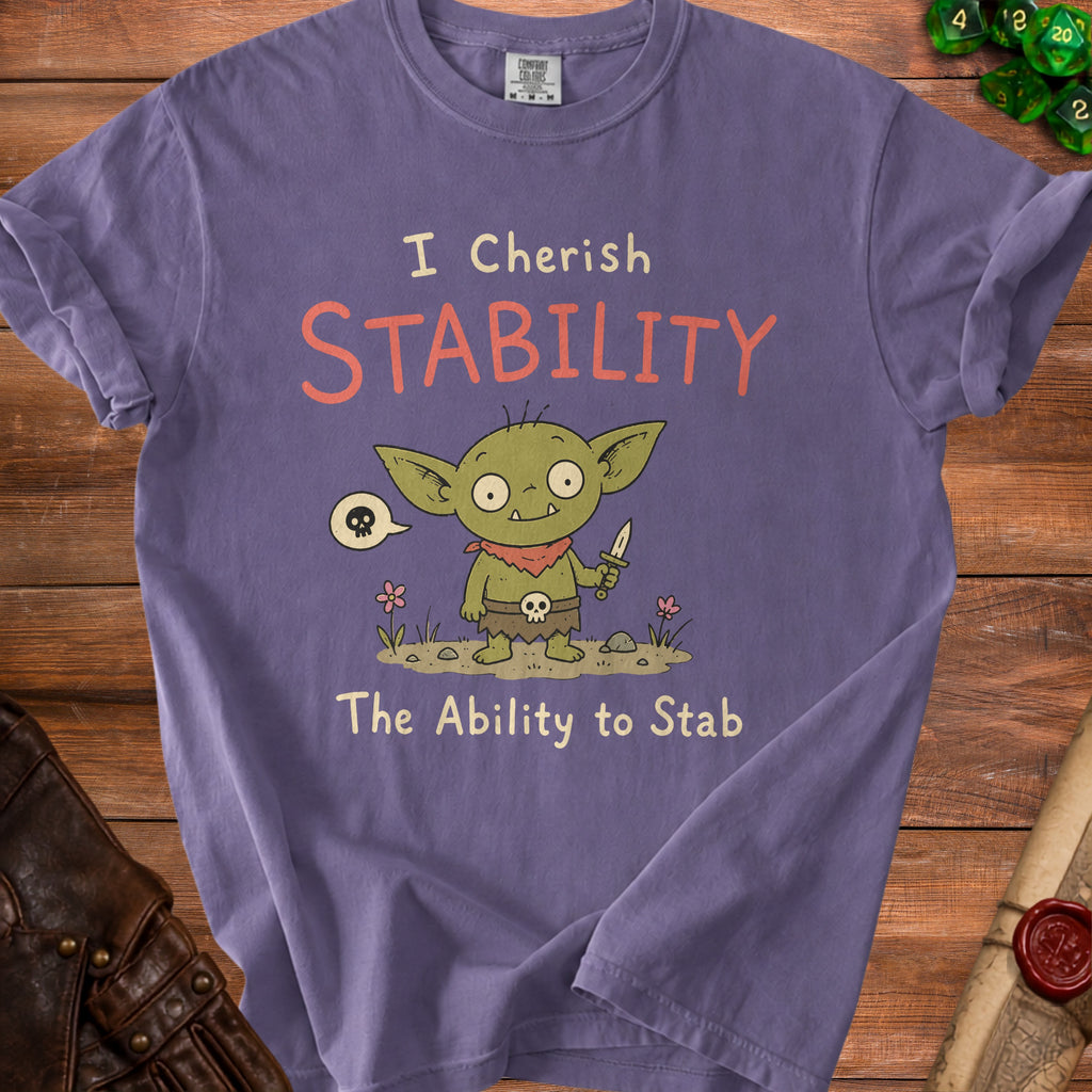 Purple t-shirt with a cartoon goblin holding a knife and text "I Cherish STABILITY The Ability to Stab".