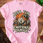 Pink t-shirt with "Roll for Emotional Damage" graphic featuring dice and a skeleton hand.