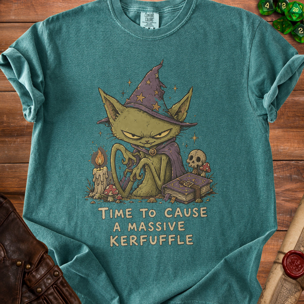 T-shirt graphic of a green wizard cat with the text "TIME TO CAUSE A MASSIVE KERFUFFLE".