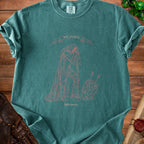 T-shirt with a line drawing of a knight resting on a sword, with text "Still standing Unfortunately."
