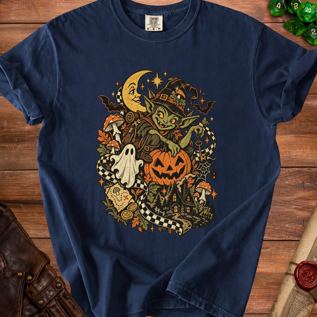 Green goblin with pumpkin, ghost, haunted house, and crescent moon in a festive Halloween illustration.