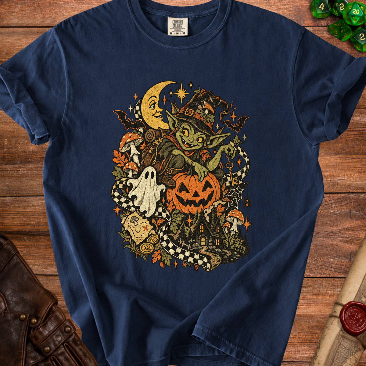 Green goblin with pumpkin, ghost, haunted house, and crescent moon in a festive Halloween illustration.
