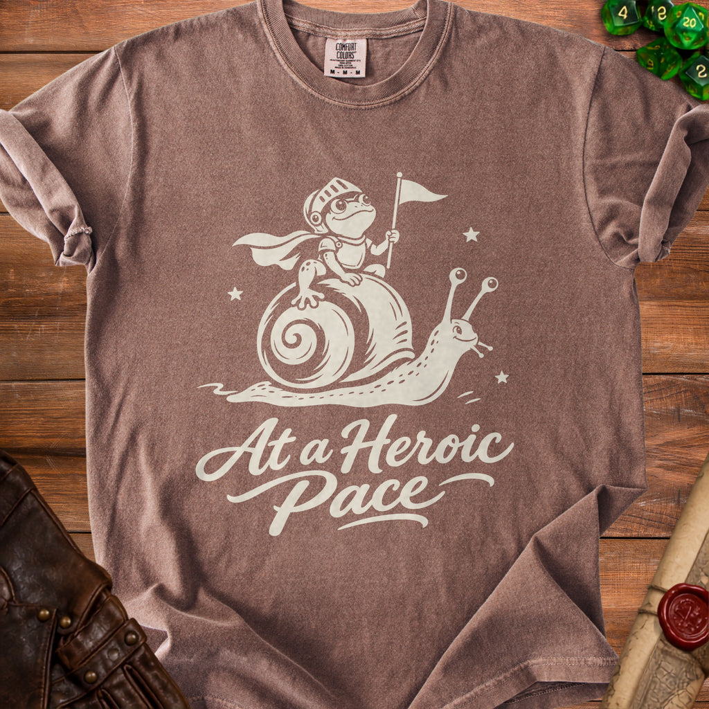 T-shirt with frog knight on snail graphic and text "At a Heroic Pace".