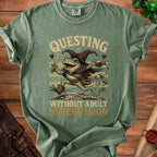 Green t-shirt with a frog wizard illustration and text "Questing Without Adult Supervision".