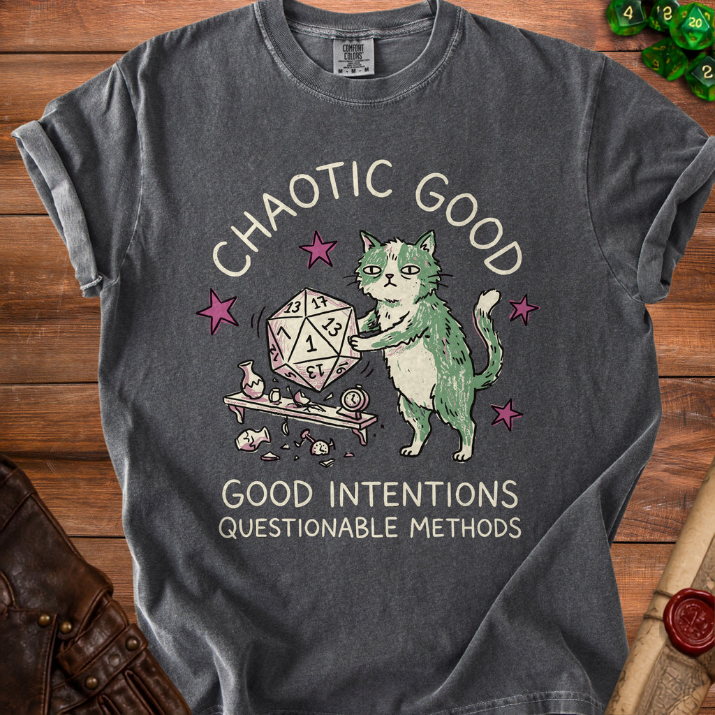 T-shirt with green and white cat holding a d20, text "Chaotic Good" and "Good intentions questionable methods".