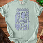 Light green t-shirt with vintage-style fantasy items and text "Burnout provisions".