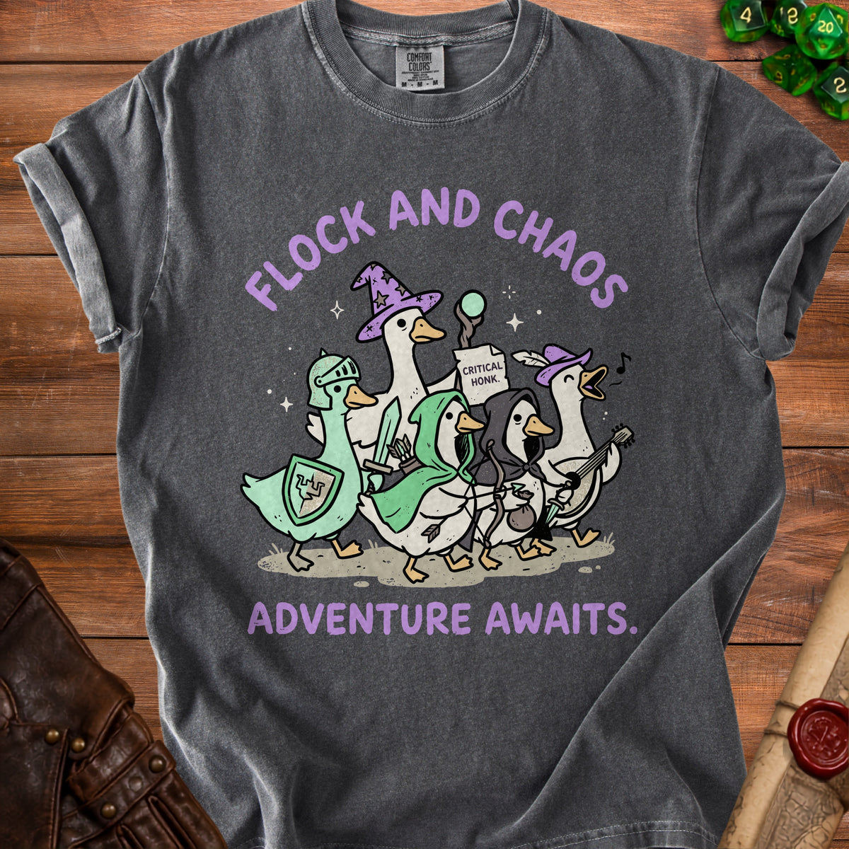 Ducks in armor and wizard hats with text "FLOCK AND CHAOS ADVENTURE AWAITS."