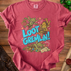 Red t-shirt with "Loot Gremlin!" text and illustrations of goblins with treasure.