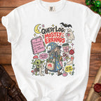 White t-shirt with "Quest Log: Mostly Errands" graphic featuring a wizard and goblin.