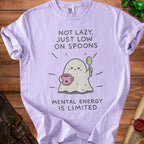 Purple t-shirt with ghost graphic and text "NOT LAZY, JUST LOW ON SPOONS".