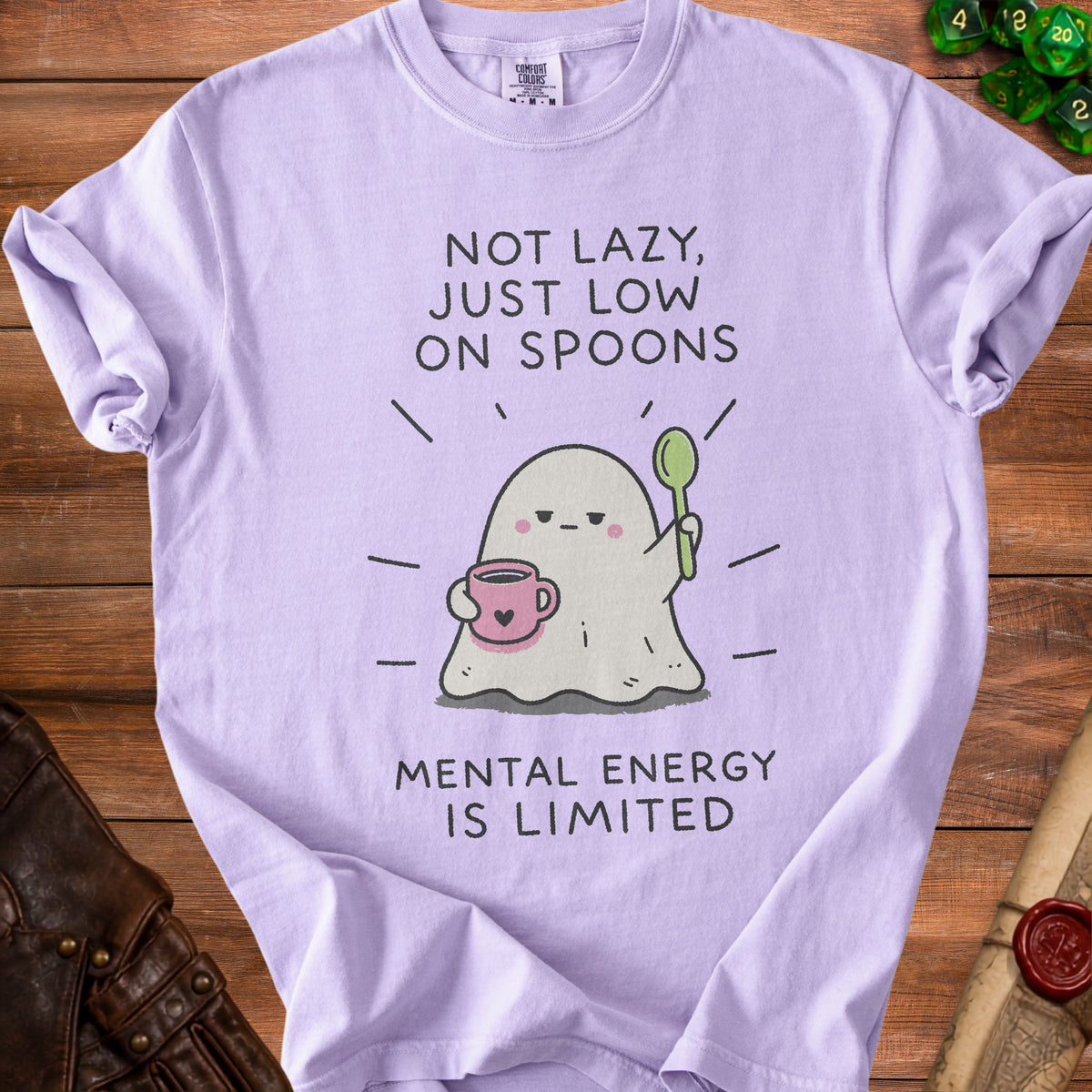 Purple t-shirt with ghost graphic and text "NOT LAZY, JUST LOW ON SPOONS".