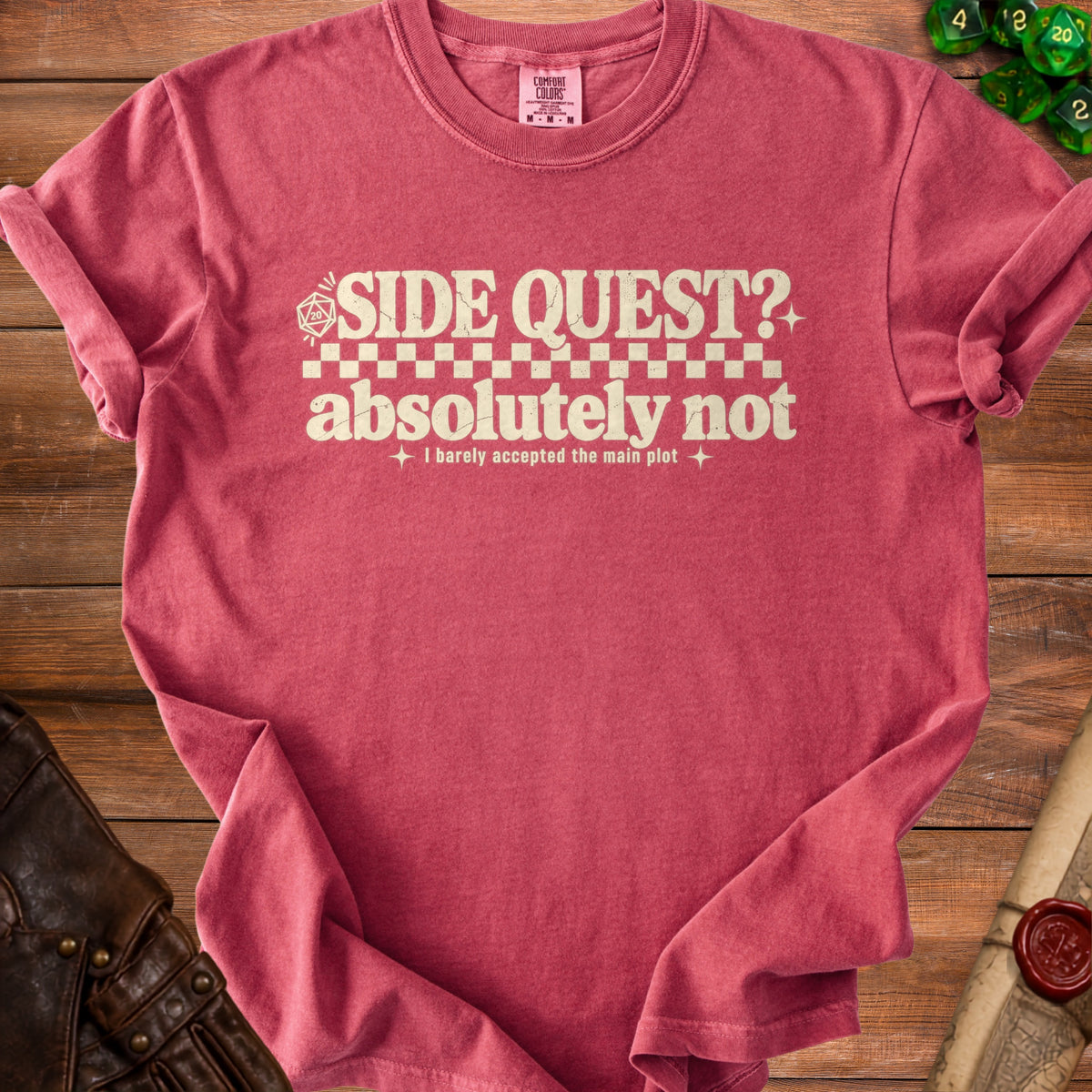 Red t-shirt with "Side Quest? Absolutely Not" text and dice imagery.