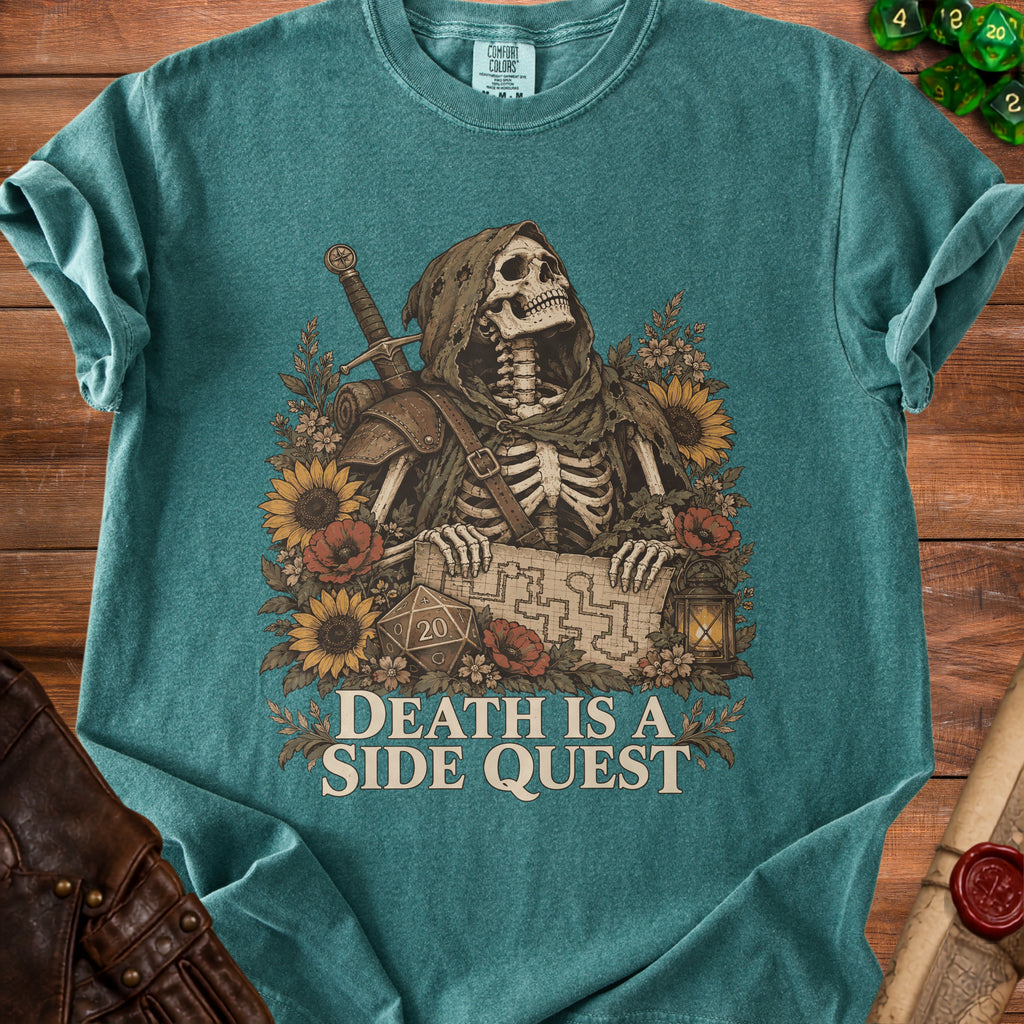 Grim Reaper with sword holding map, text "DEATH IS A SIDE QUEST."