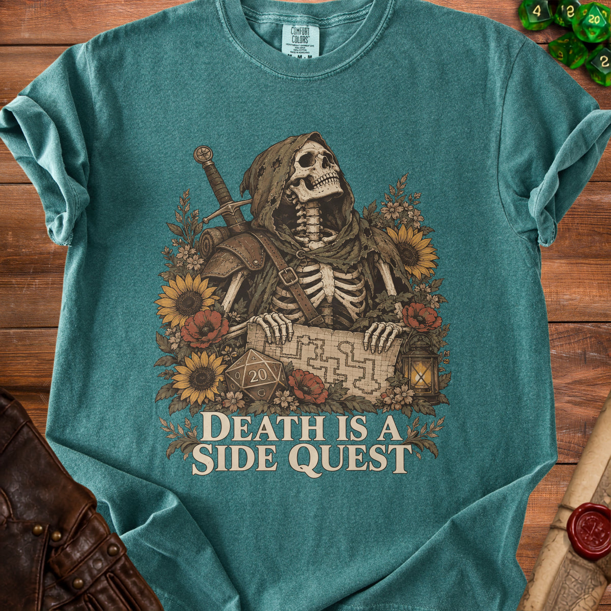 Grim Reaper with sword holding map, text "DEATH IS A SIDE QUEST."
