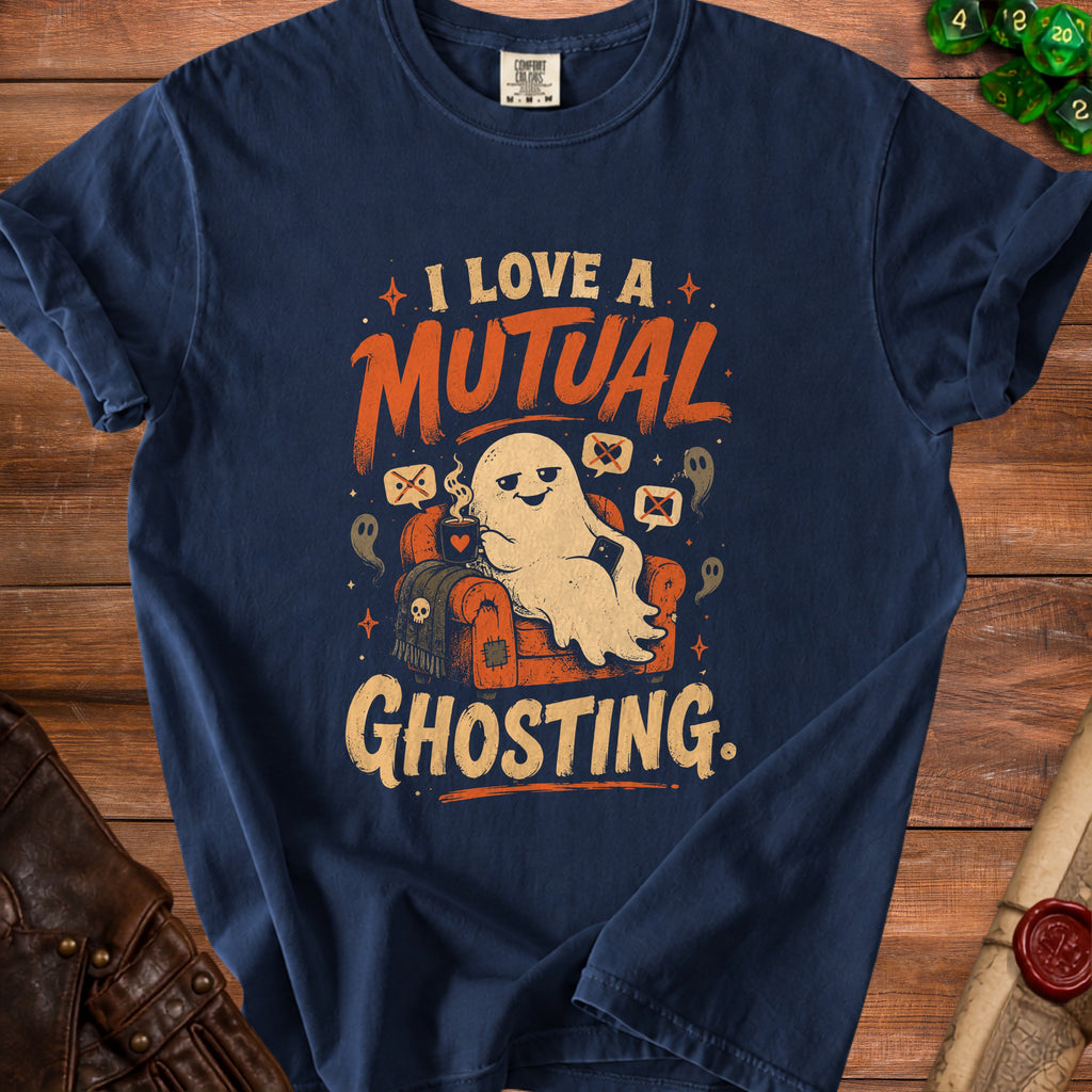 Navy t-shirt with a ghost sitting in a chair, holding coffee, and the text "I Love a Mutual Ghosting."