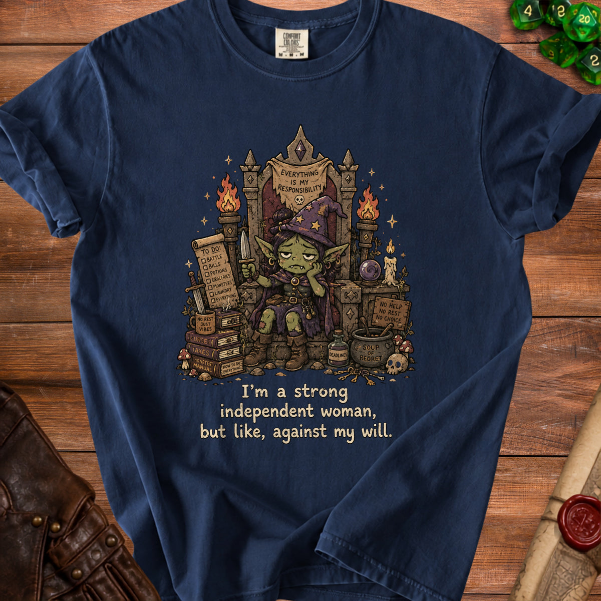 T-shirt with a goblin on a throne surrounded by tasks and text.