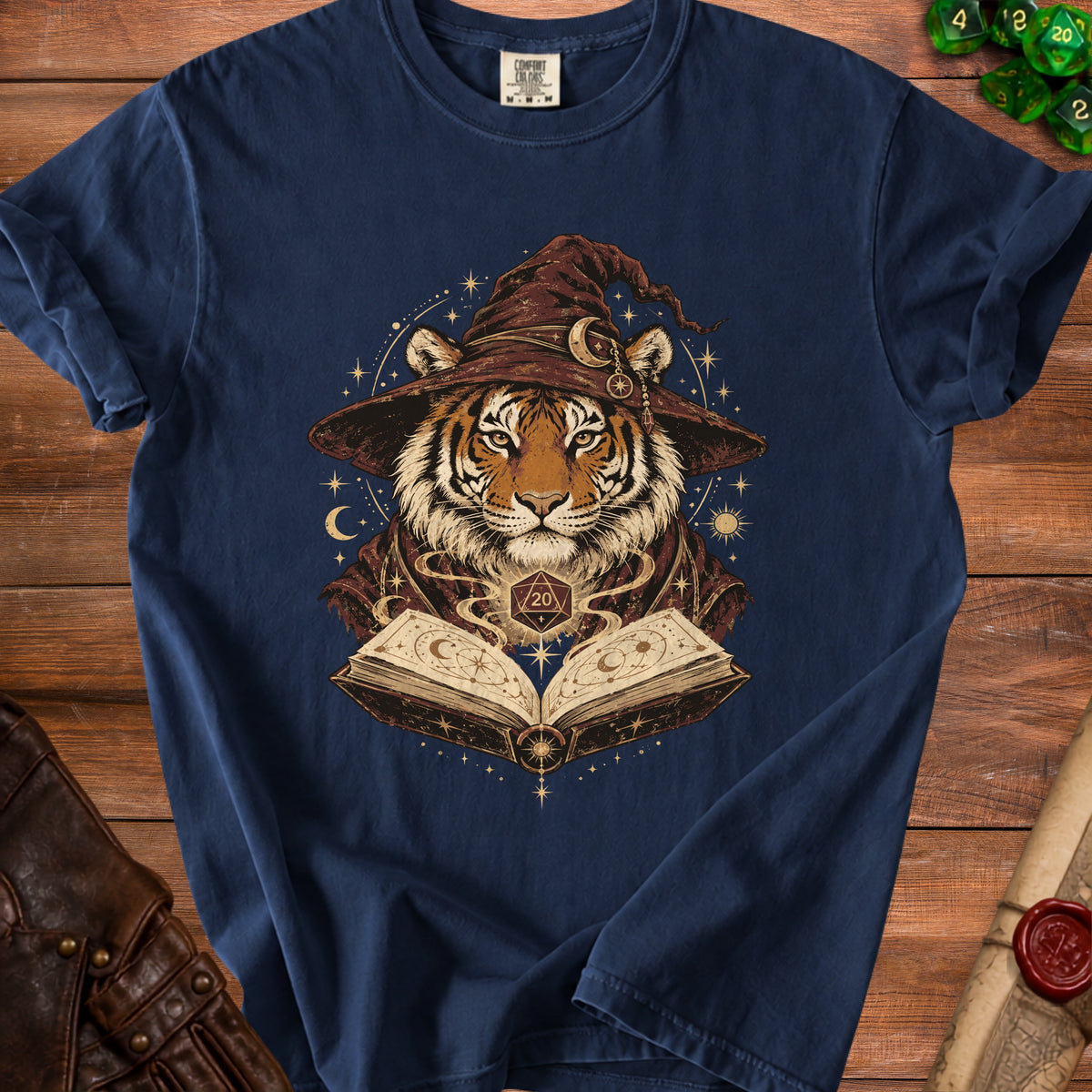 Tiger wearing a wizard hat and robe holding an open spellbook with dice.