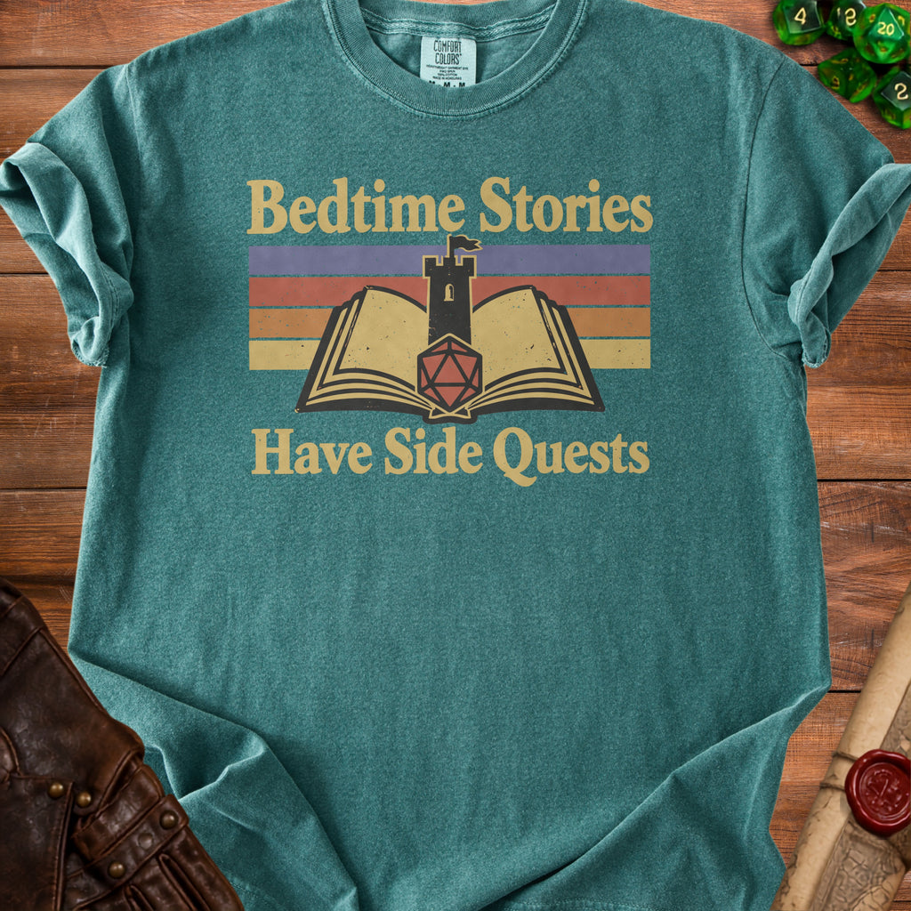 Teal t-shirt with "Bedtime Stories Have Side Quests" text and graphic.