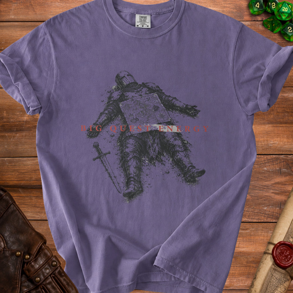 T-shirt with illustration of knight in armor, text "BIG QUEST ENERGY", and sword.